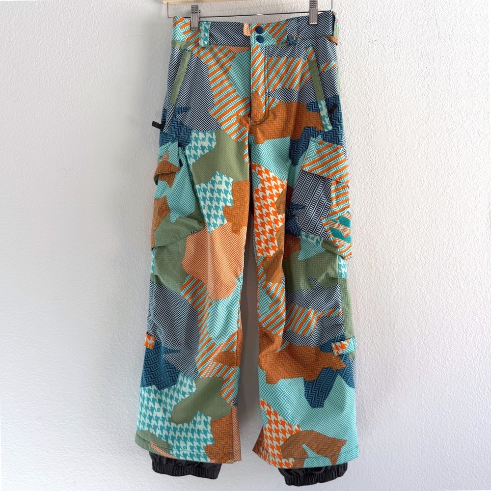 Burton Boys Cargo Ski Snowboard Pants Large Geometric‎ Patch Camo Orange Blue